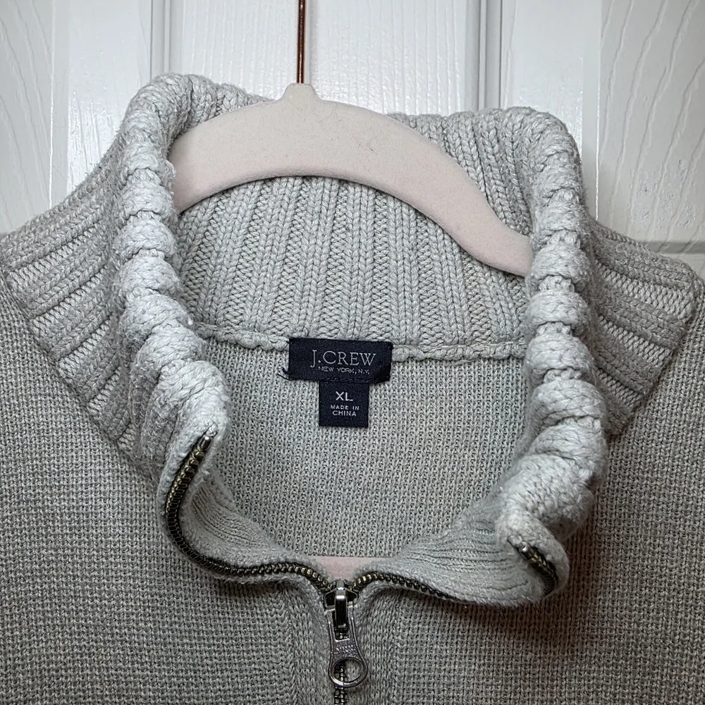 J.Crew Men’s Cotton Quarter-Zip Sweater – XL – Textured Knit Light Grey